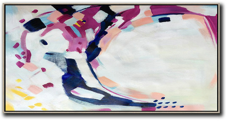 Large Abstract Art,Horizontal Palette Knife Contemporary Art,Canvas Wall Art,White,Purple,Dark Blue,Pink,Yellow.Etc